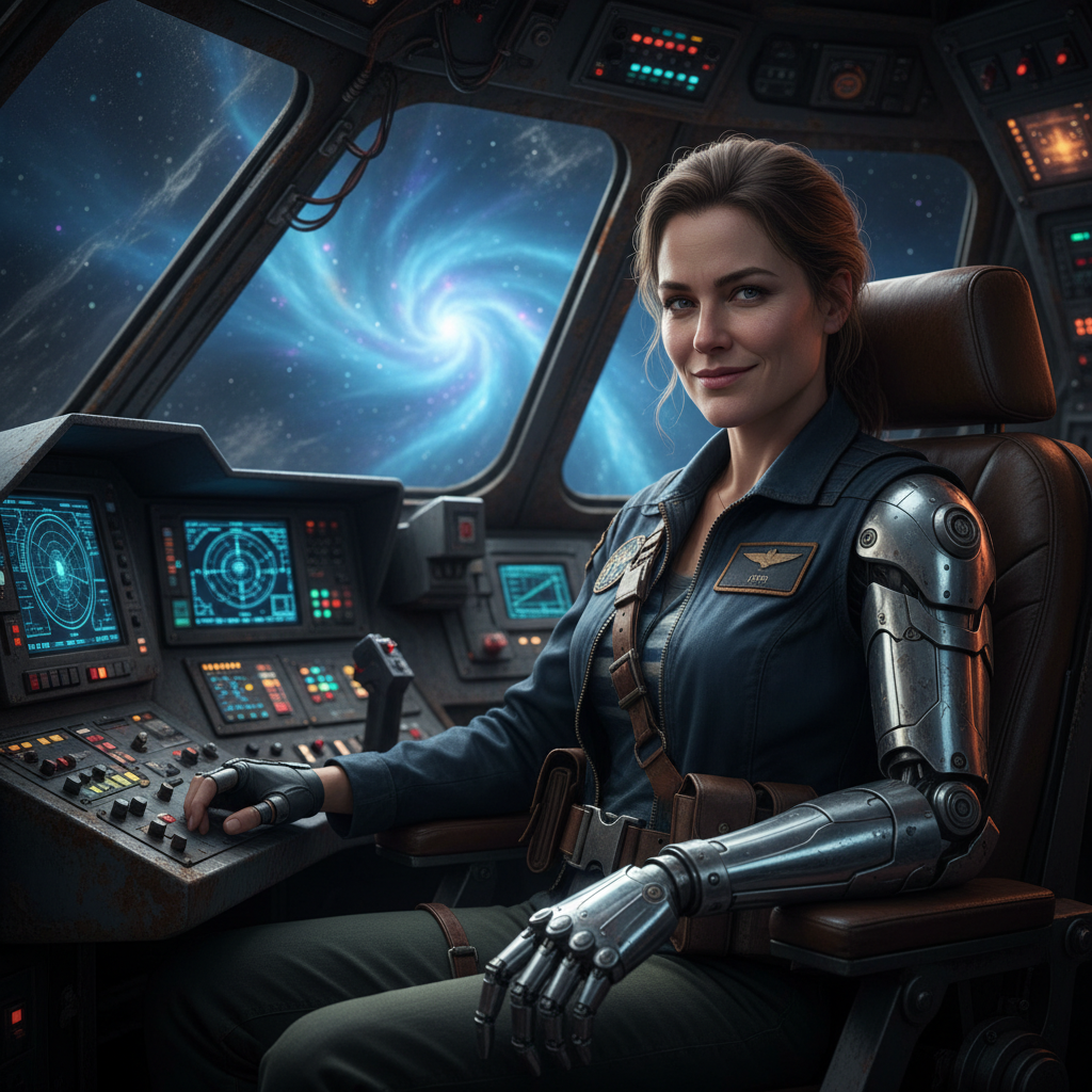 A cinematic, hyper-realistic portrait of 'Captain Eva', a female space pirate with a chrome robotic arm and a confident smirk, sitting in the pilot's seat of her rusty spaceship cockpit.
