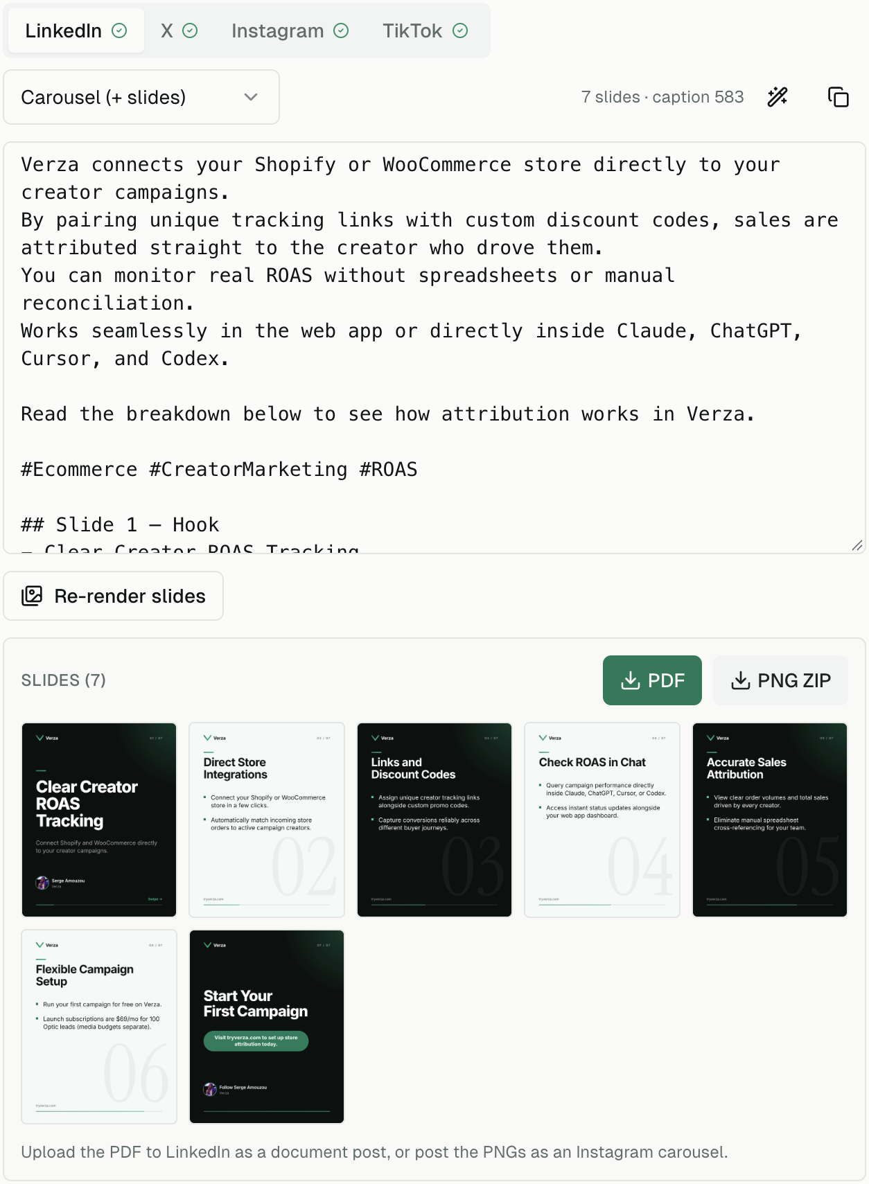 A seven-slide carousel in Prism, with PDF and PNG downloads