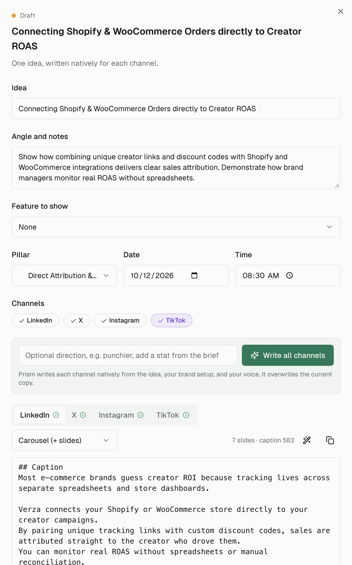 An approved Prism draft, written for LinkedIn from one idea
